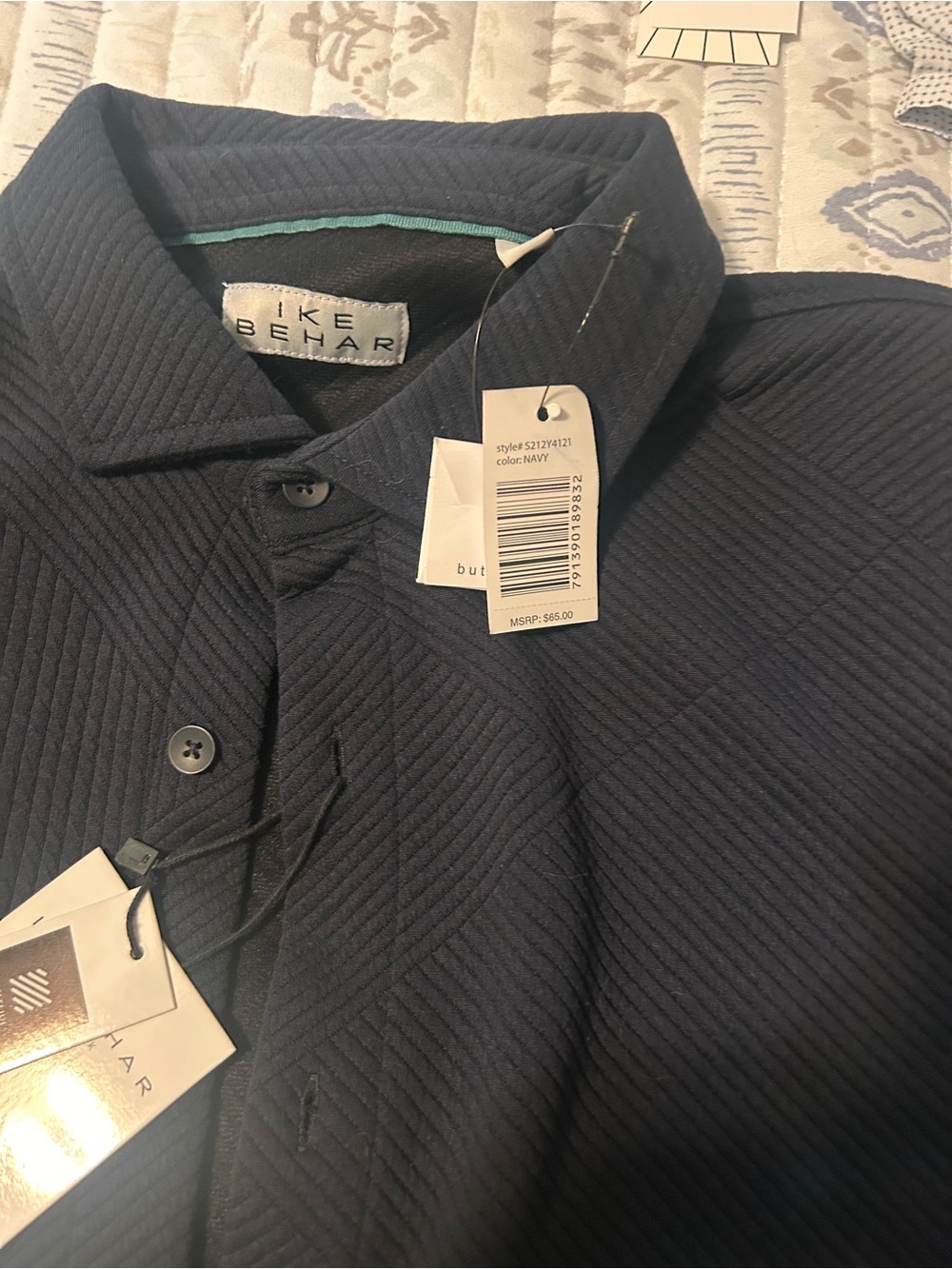 Ike Behar Navy Quilted-Texture Polo